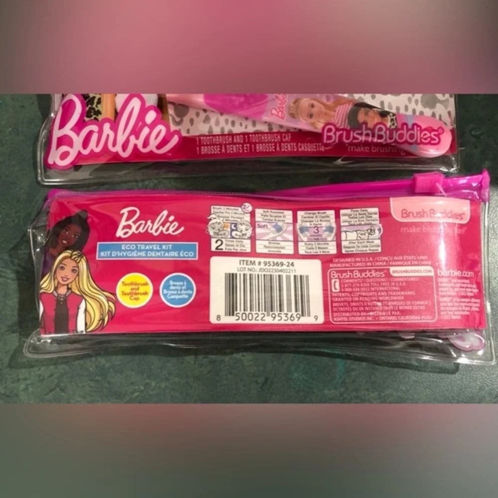 6pc Barbie pink kids children little girl toothbrush, cap & pouch eco travel kit